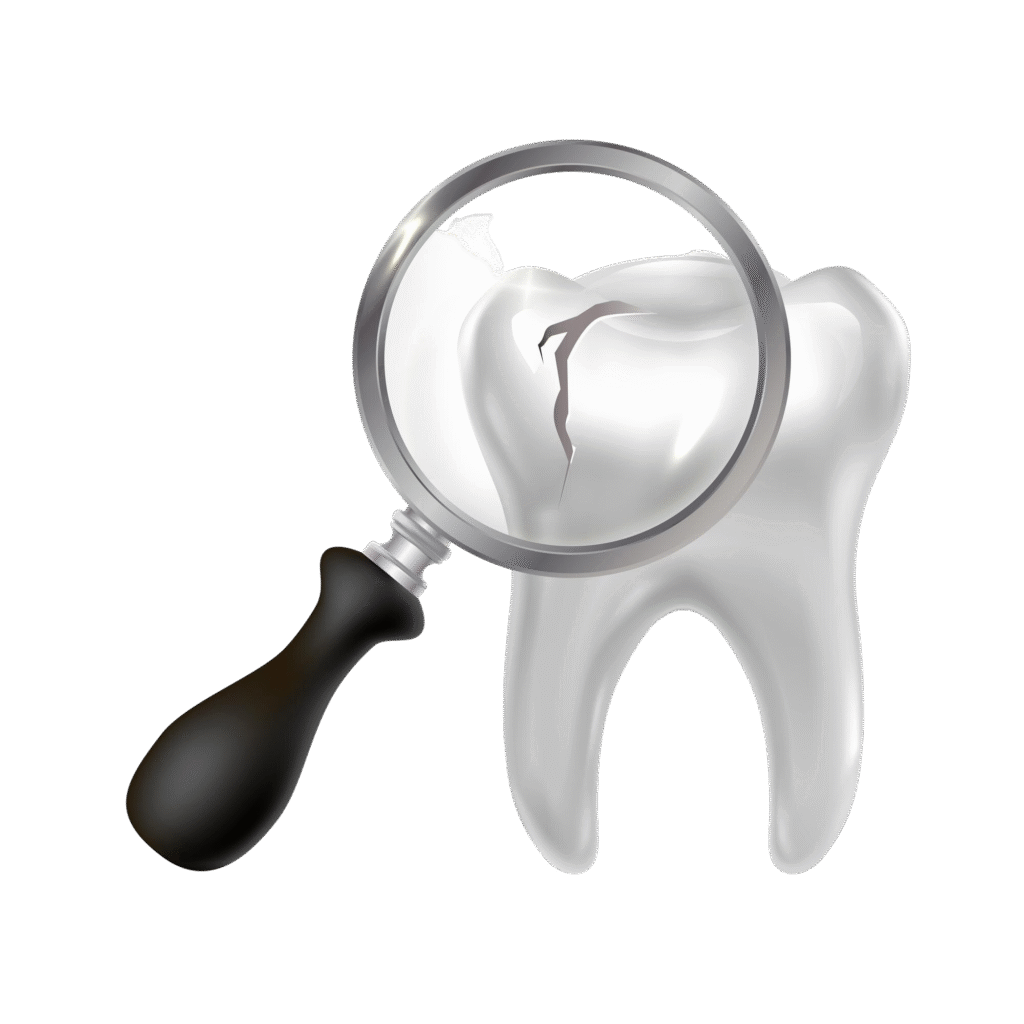 realistic vector icon illustration dental clinic brocken tooth with magnifying glass